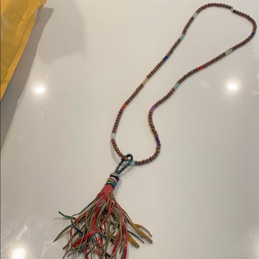Long wooden and colorful tassel necklace